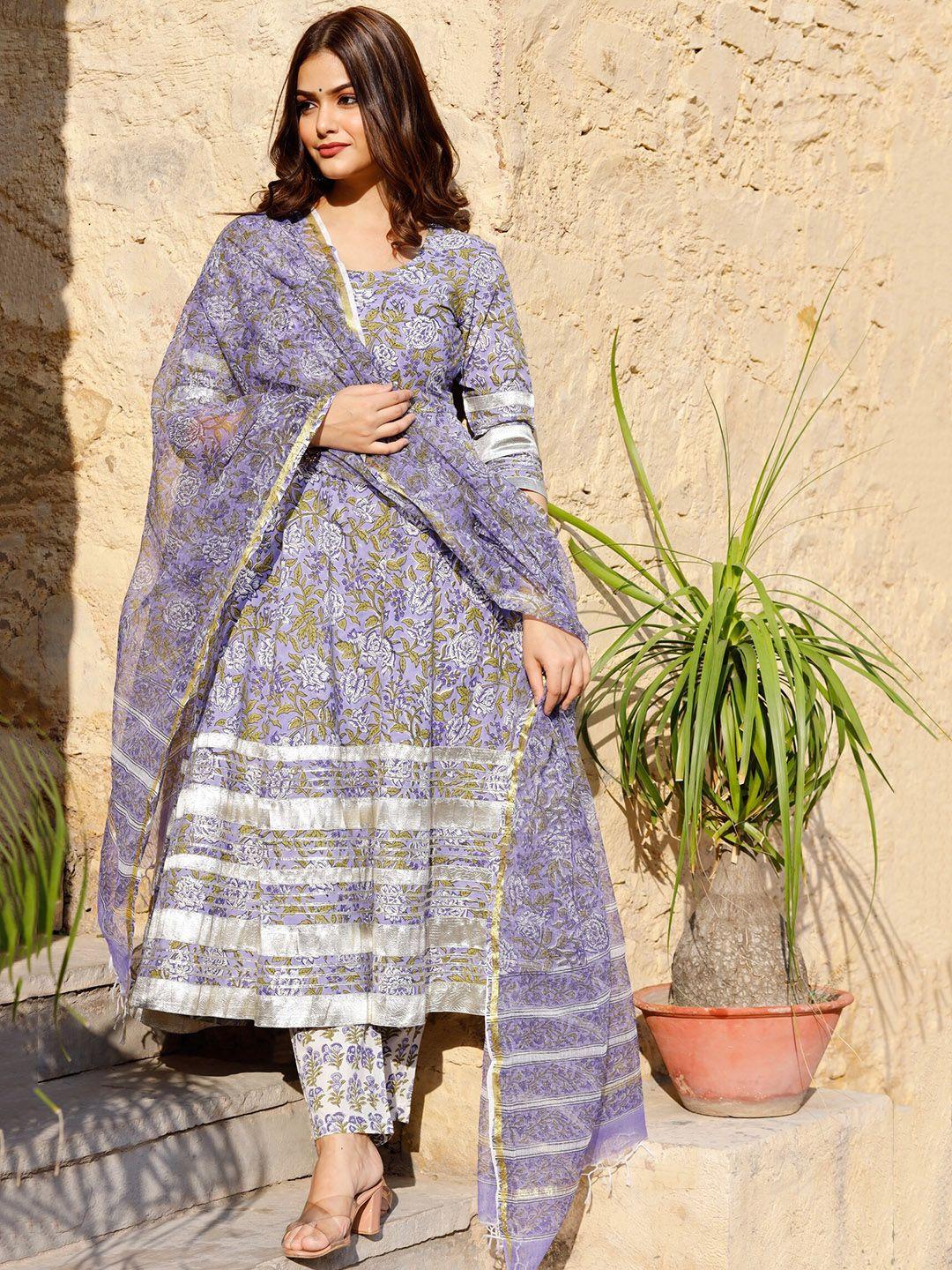 pheeta women purple floral printed pure cotton kurta with trousers & with dupatta