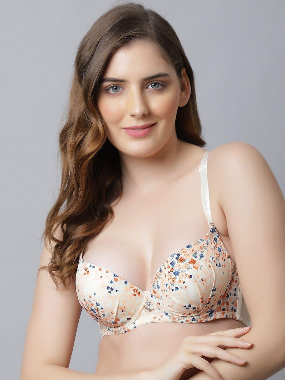 friskers beige & blue floral bra underwired lightly padded