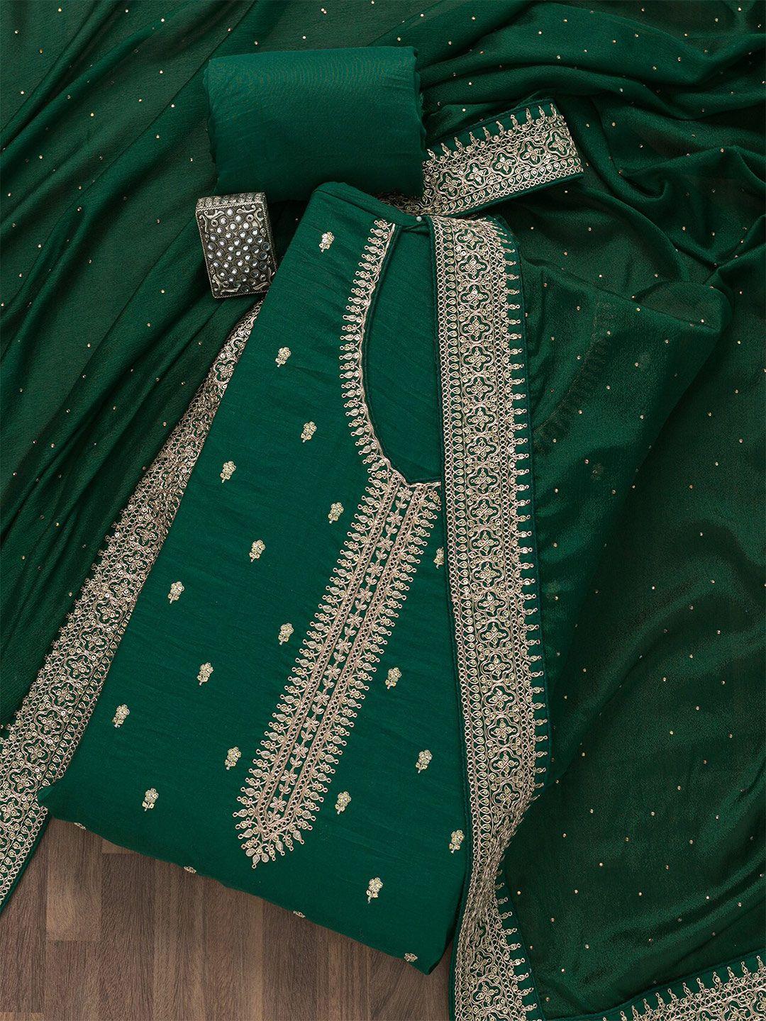 koskii green & gold-toned embroidered art silk unstitched dress material