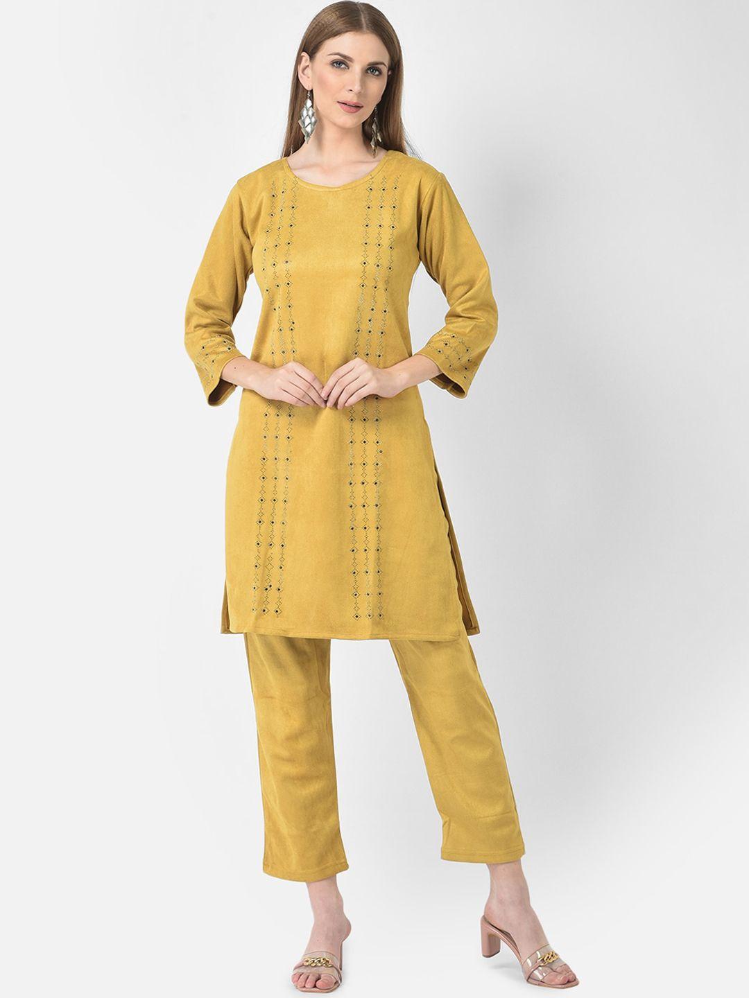 fnocks women yellow printed velvet kurti with trouser set