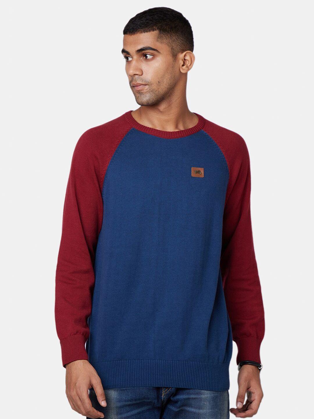 royal enfield men blue & maroon colourblocked pullover