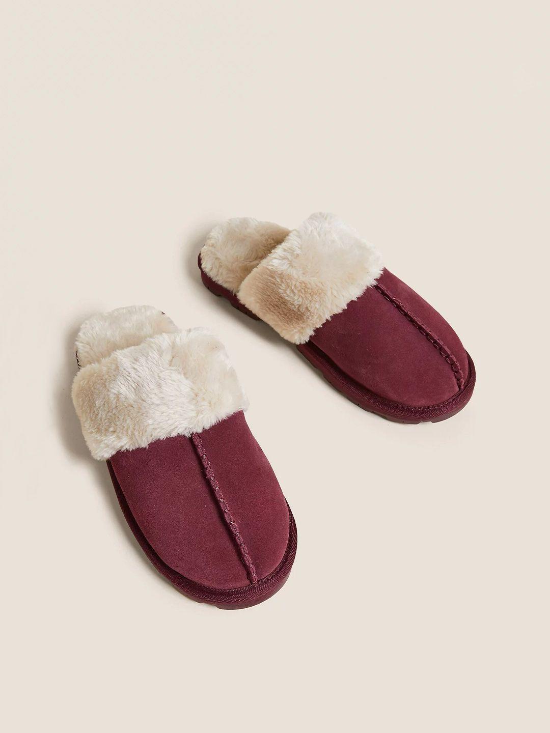 marks & spencer women maroon & white colourblocked sliders