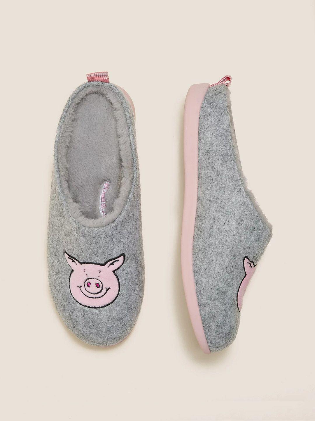 marks & spencer women grey & pink printed slip-ons