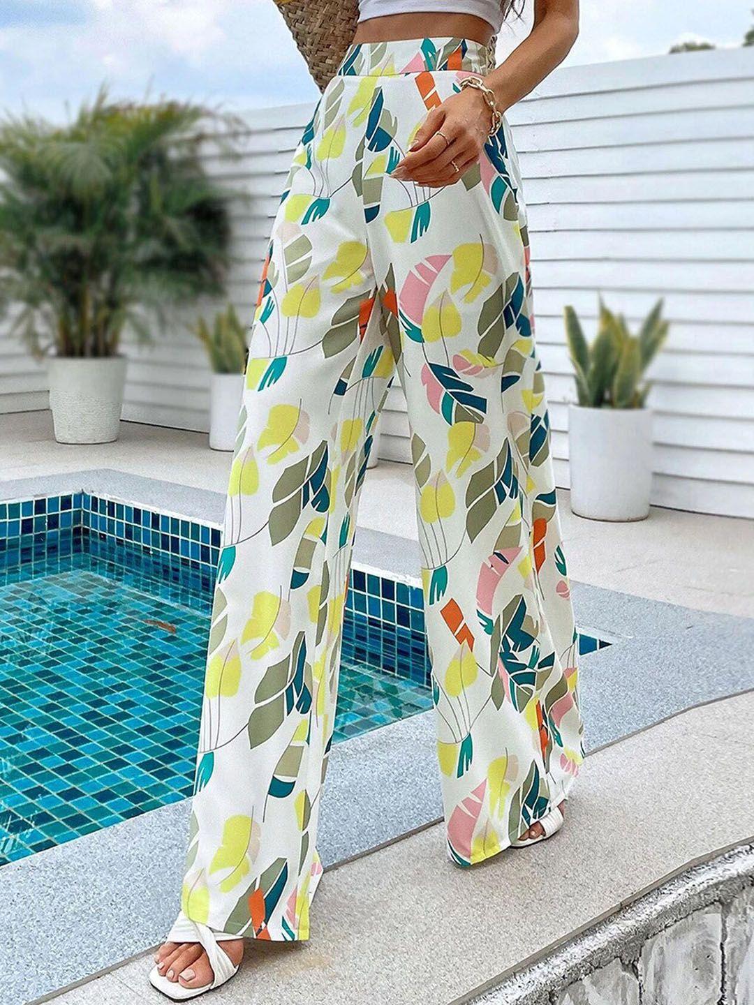 kotty women multicoloured printed relaxed straight fit high-rise easy wash trousers