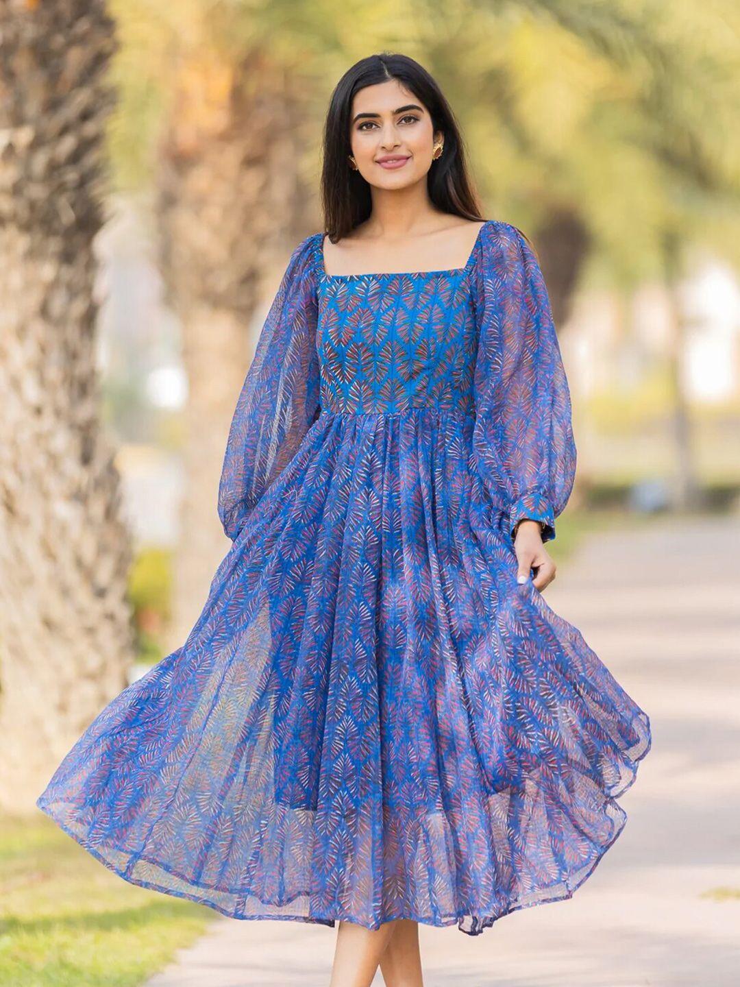 ambraee blue tropical organic cotton chiffon midi dress