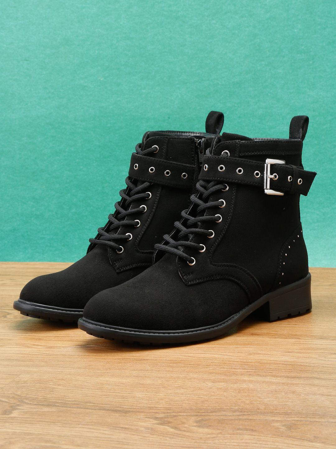 roadster women black solid casual block-heeled winter boots