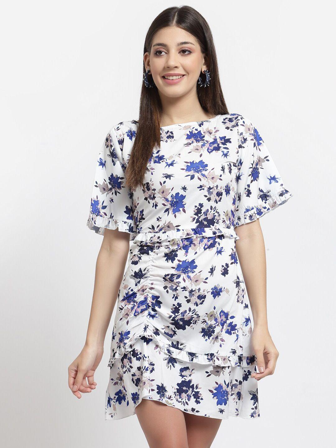 aayu white & blue floral printed crepe a-line dress