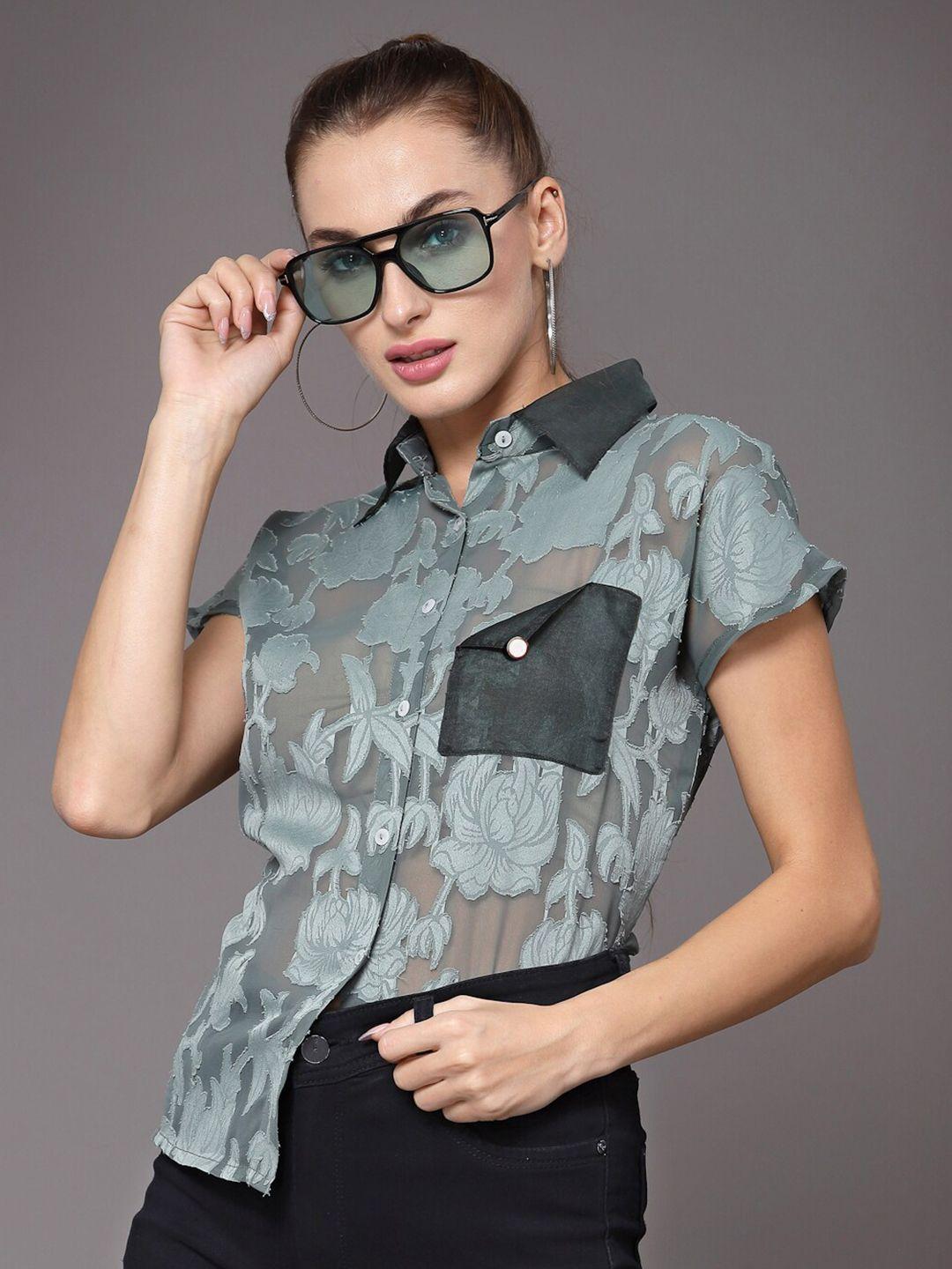 kassually women green floral printed casual shirt