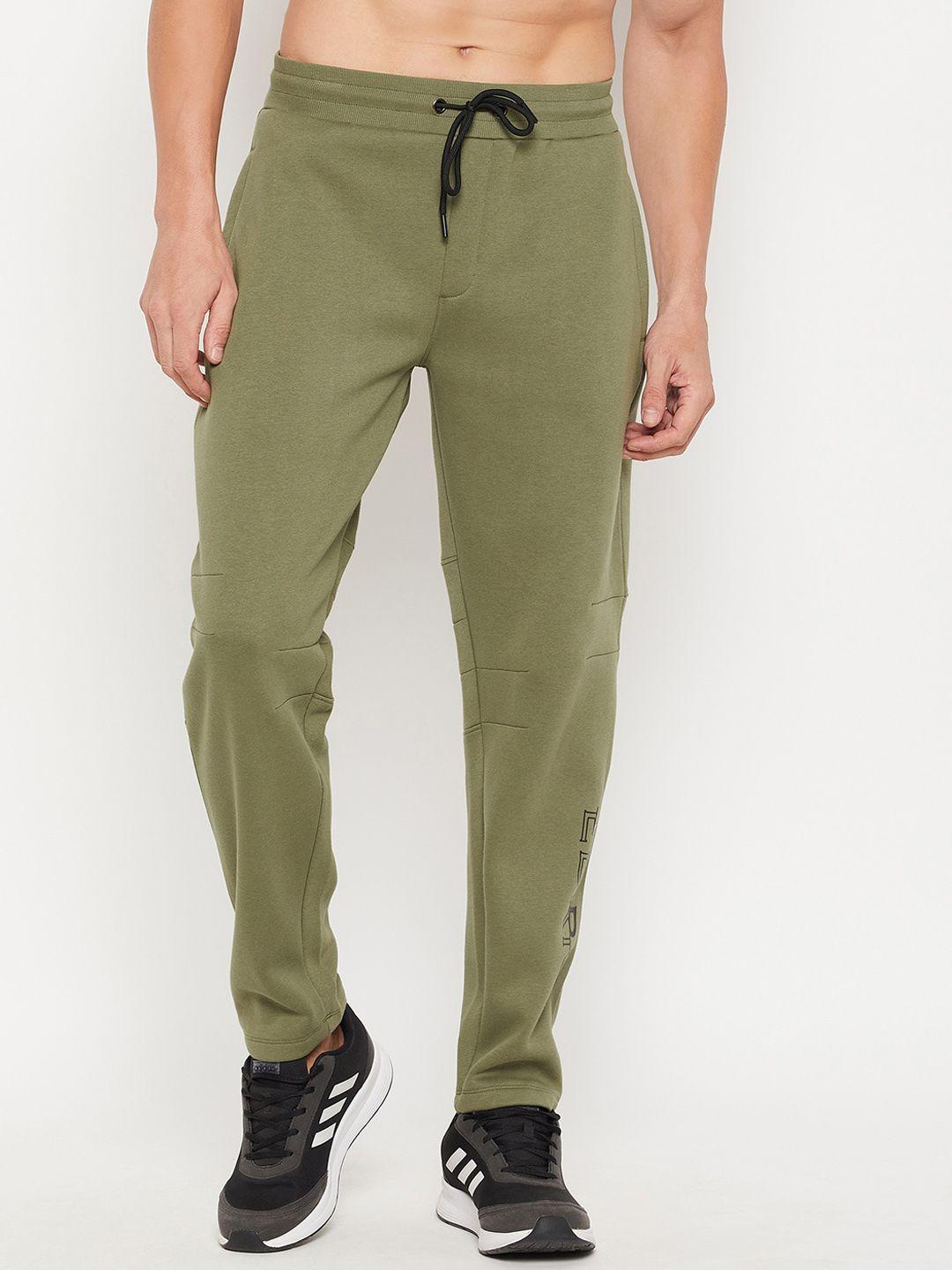 edrio men olive green fleece straight fit track pant