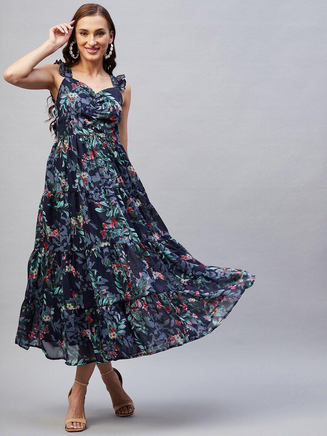 rare navy blue floral georgette midi dress