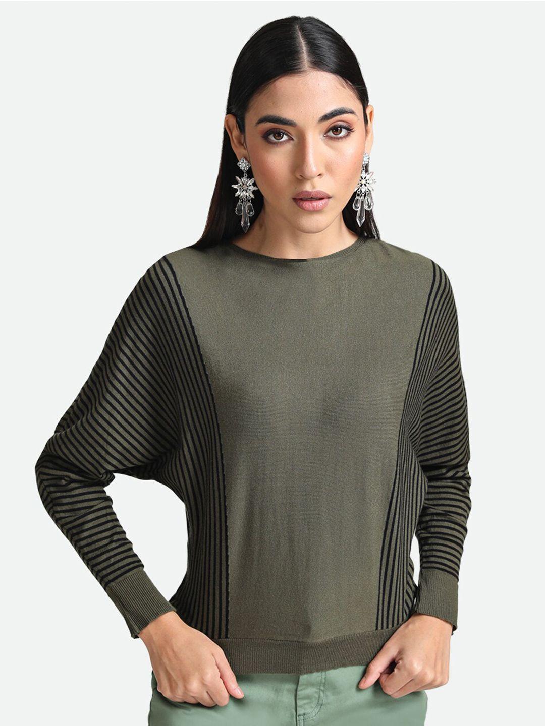 kazo women olive green & black striped pullover