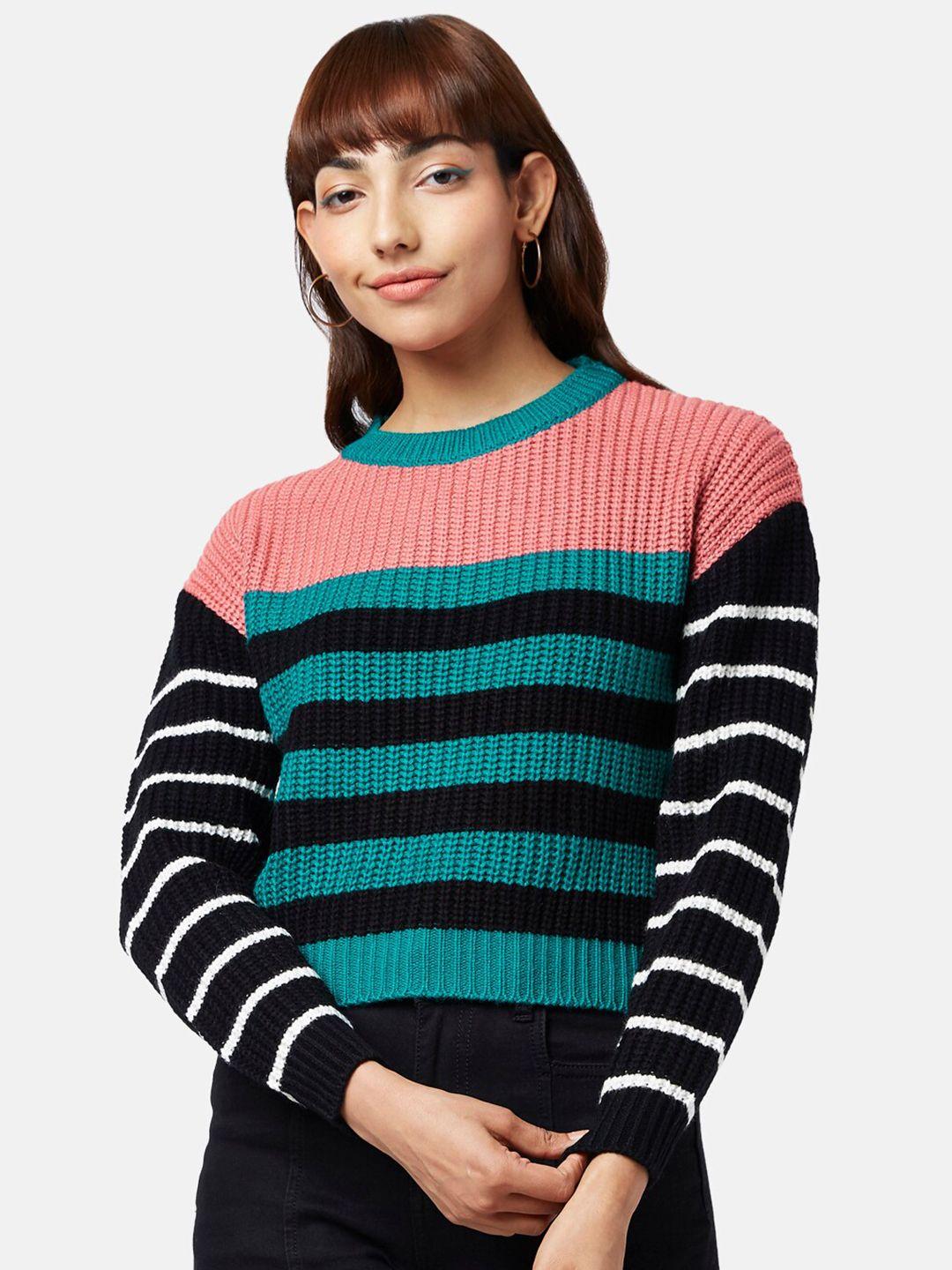 people women teal & black striped pullover