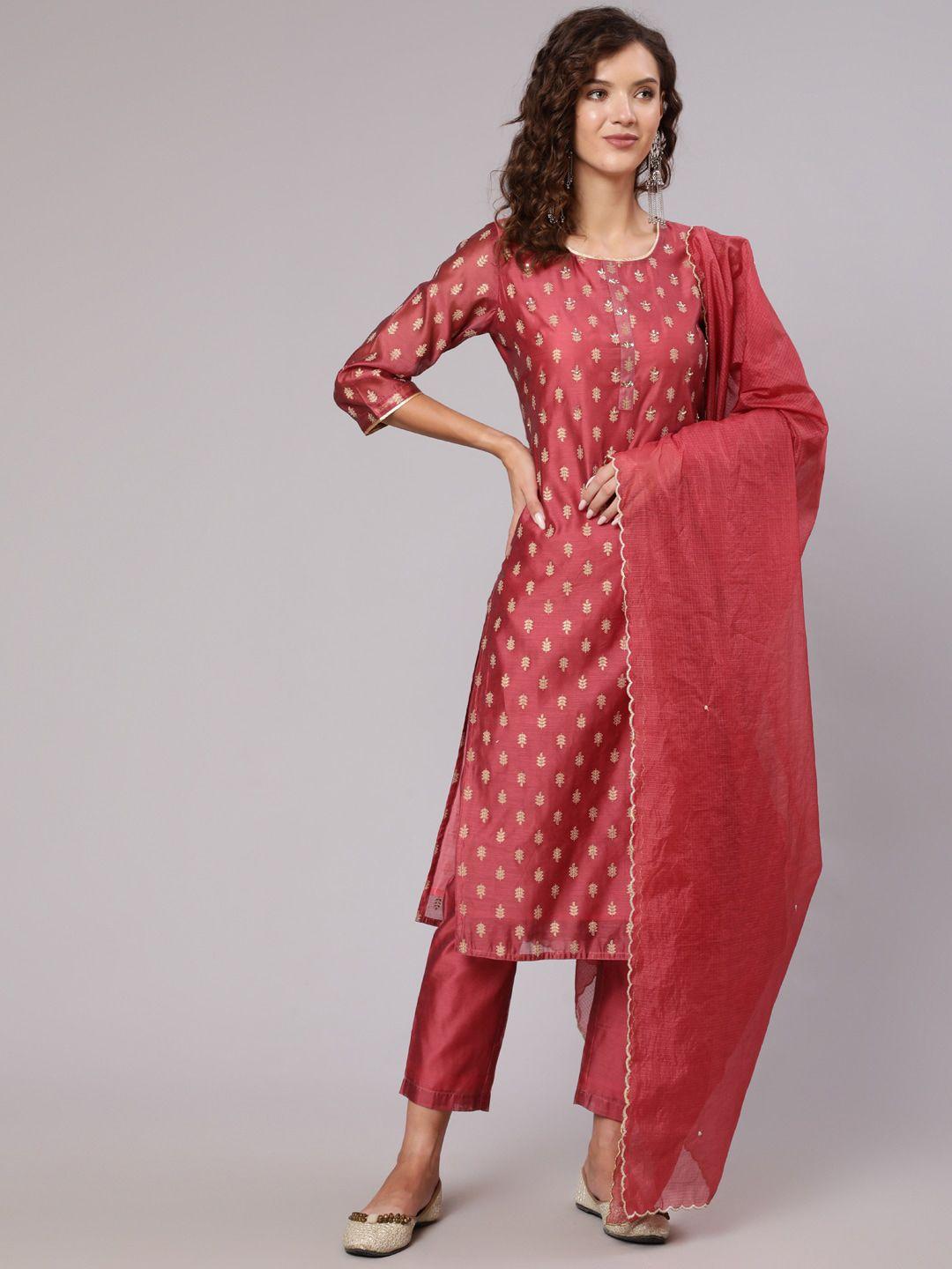 jaipur kurti women maroon ethnic motifs  chanderi cotton kurta with trouser & dupatta