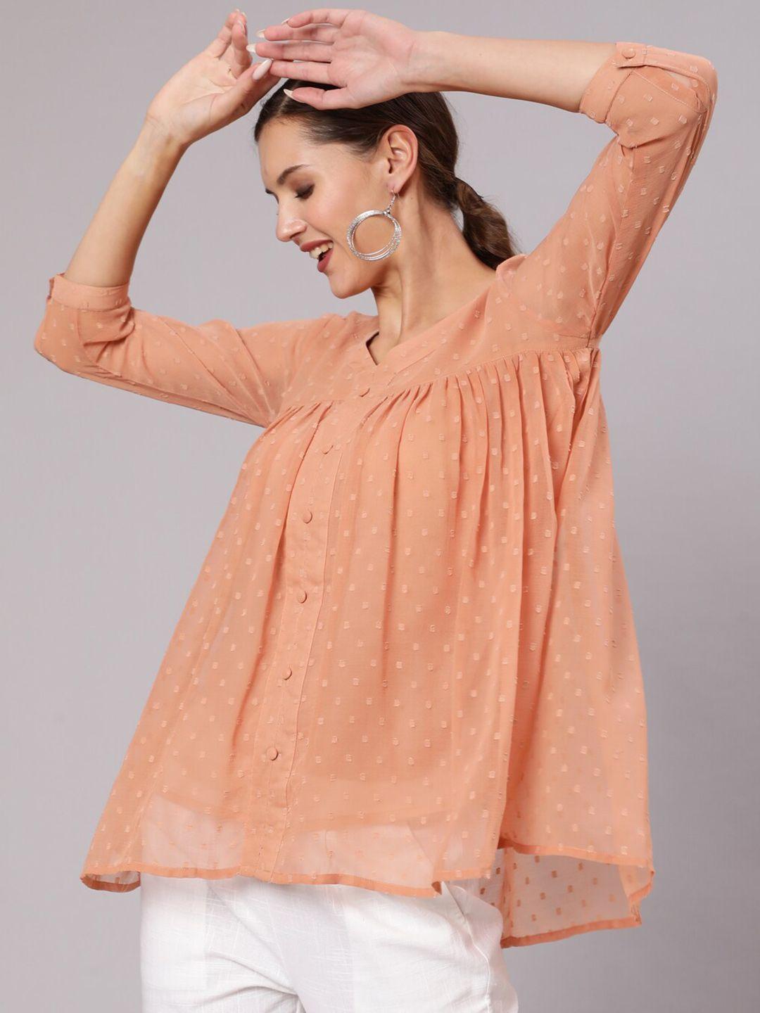 jaipur kurti peach-coloured self design chiffon top