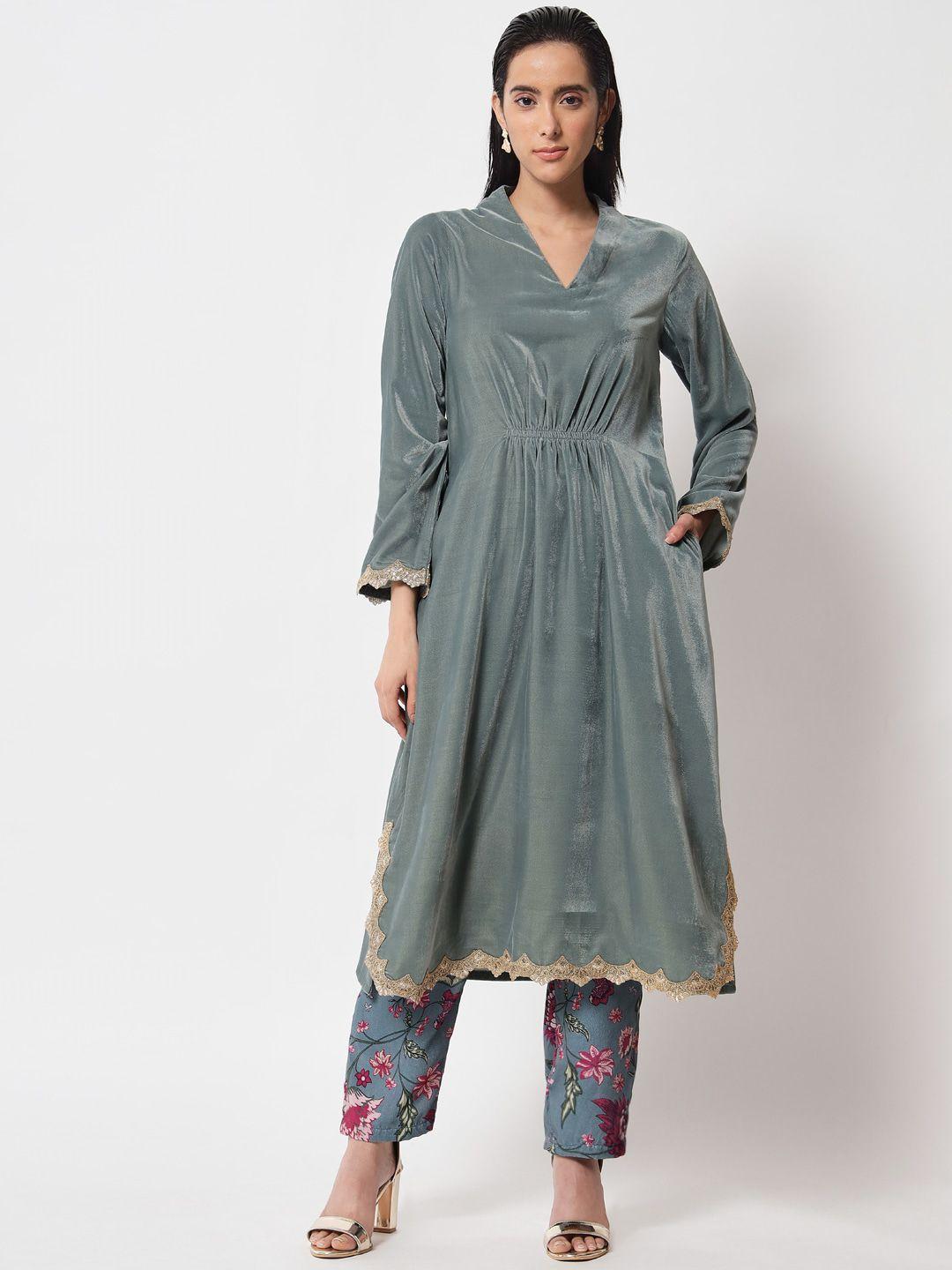 truebrowns women grey floral velvet kurta with trousers