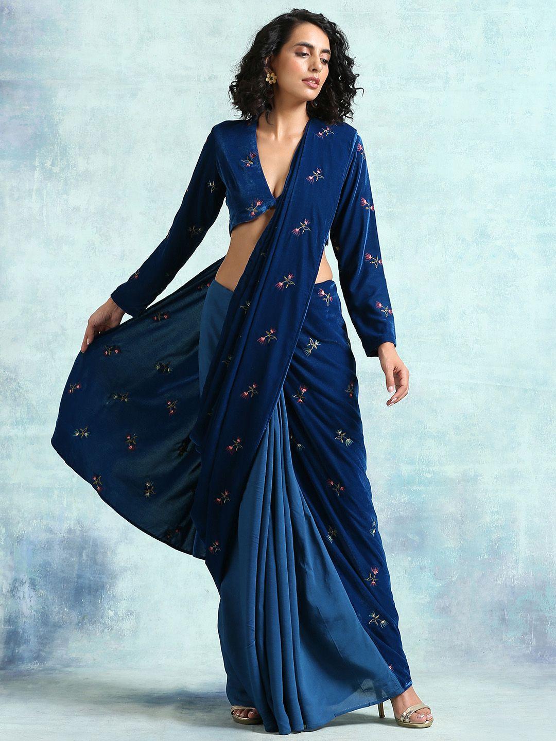 truebrowns women navy blue floral velvet saree