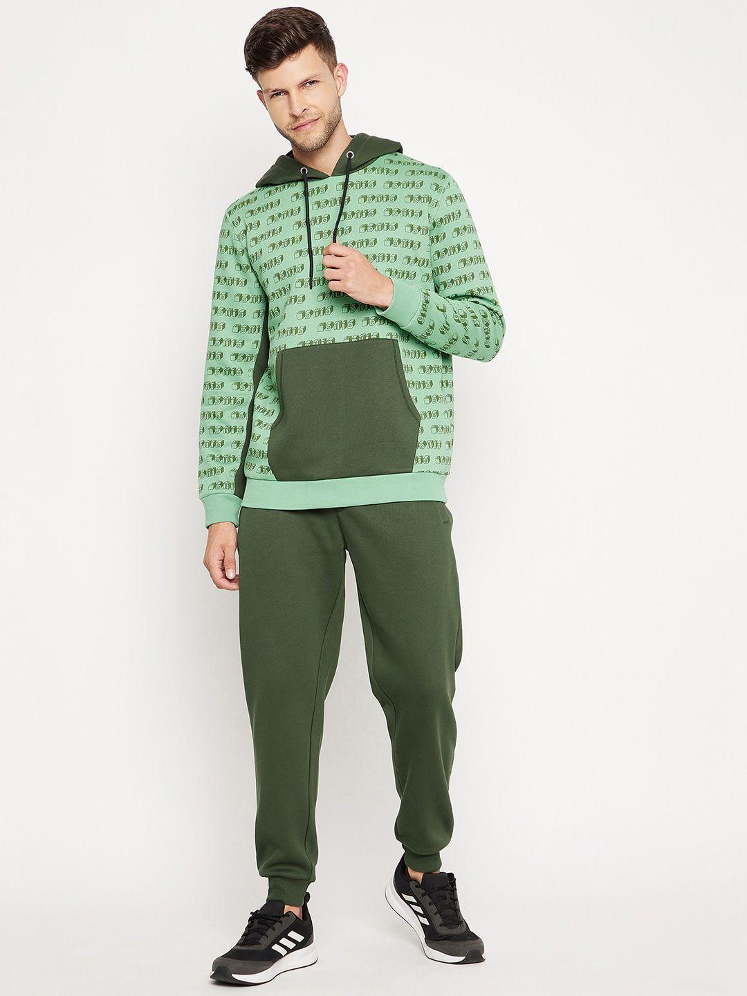 edrio men green printed fleece tracksuits with hooded