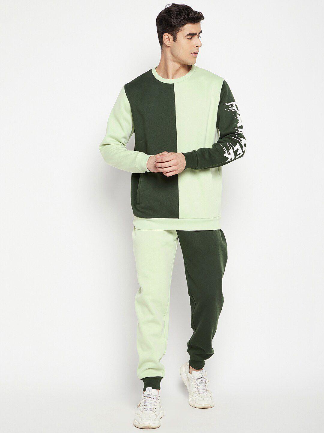 edrio men green & olive green colour-blocked tracksuits