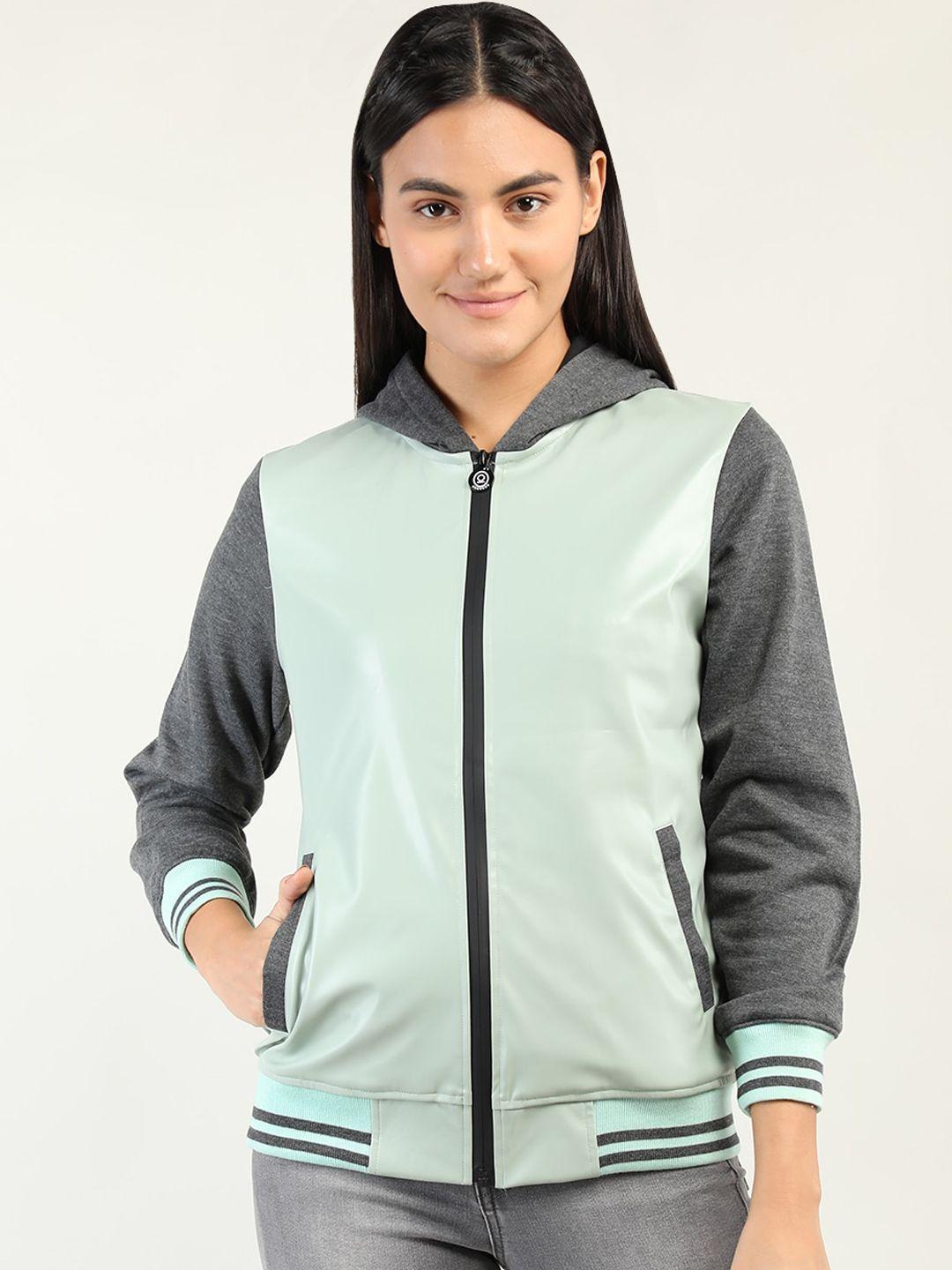 chkokko women green & grey colourblocked training or gym bomber jacket