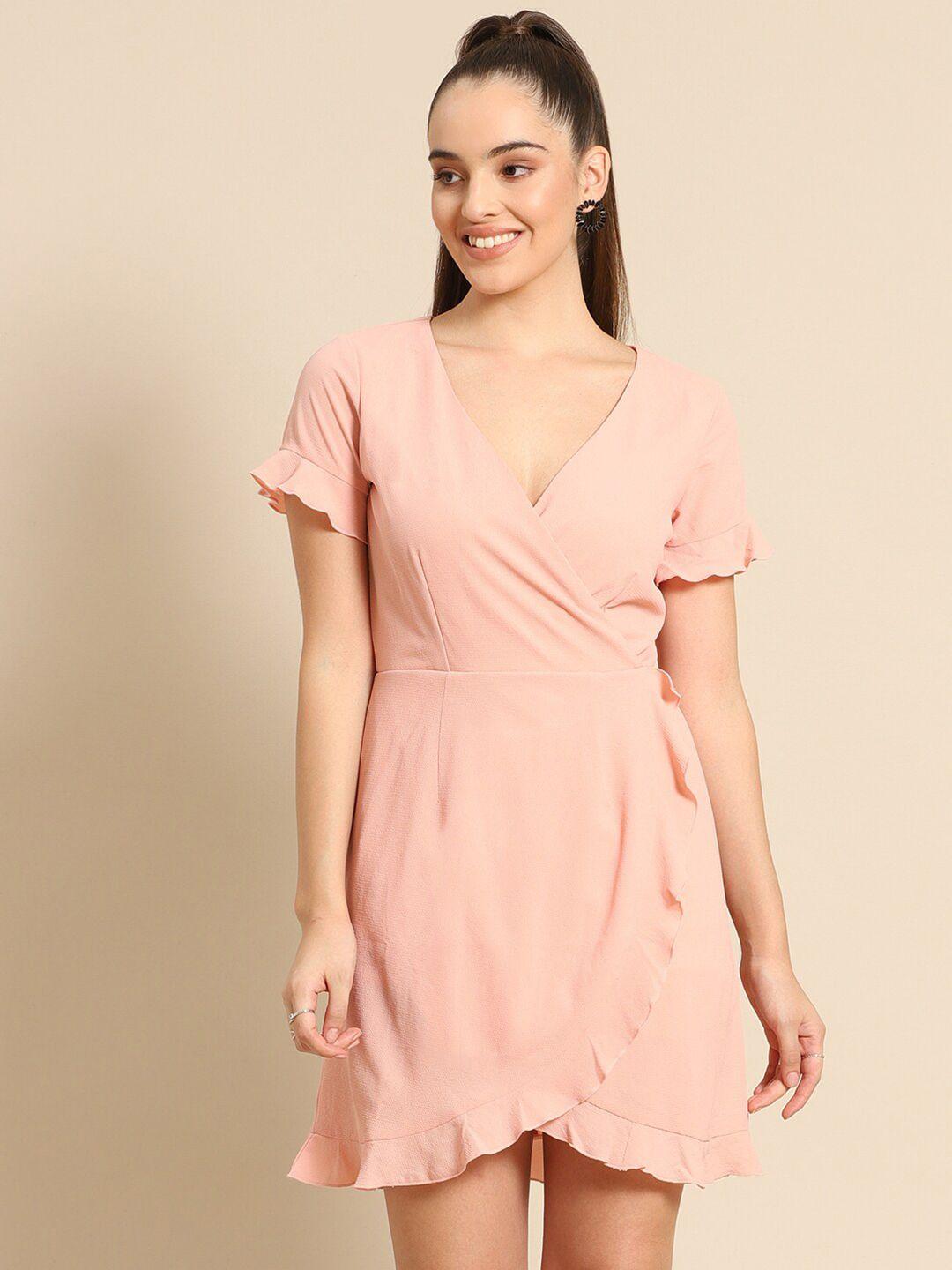 dodo & moa women peach solid tulip mini wrap dress