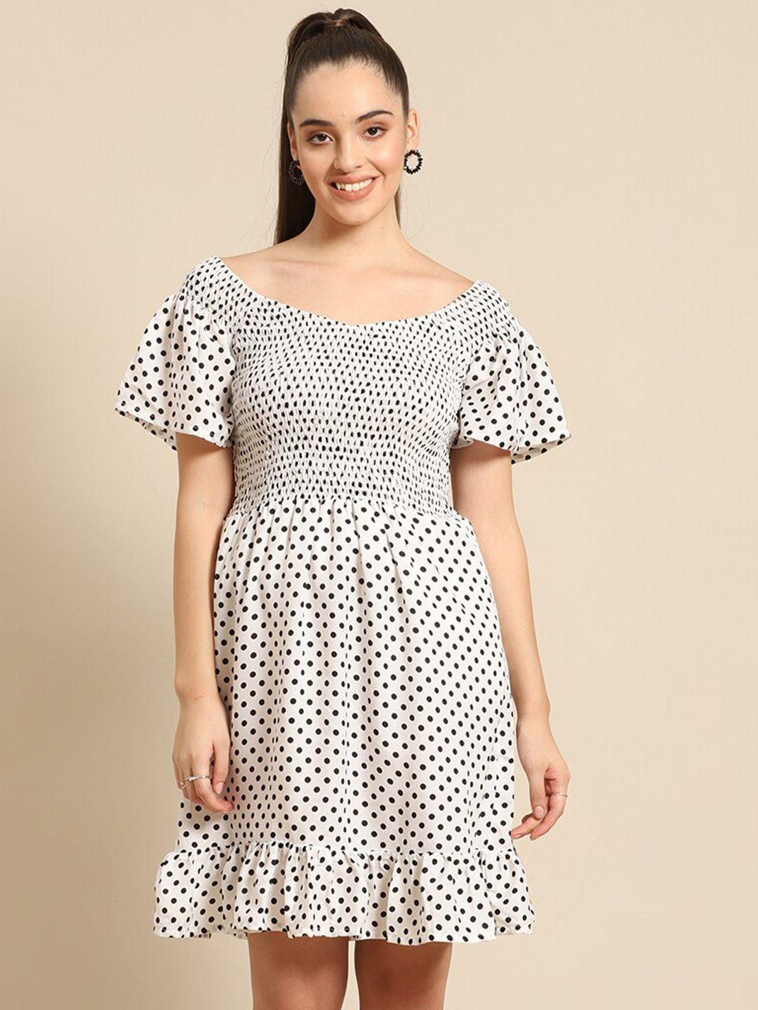 dodo & moa women white & black polka dots printed fit and flare dress