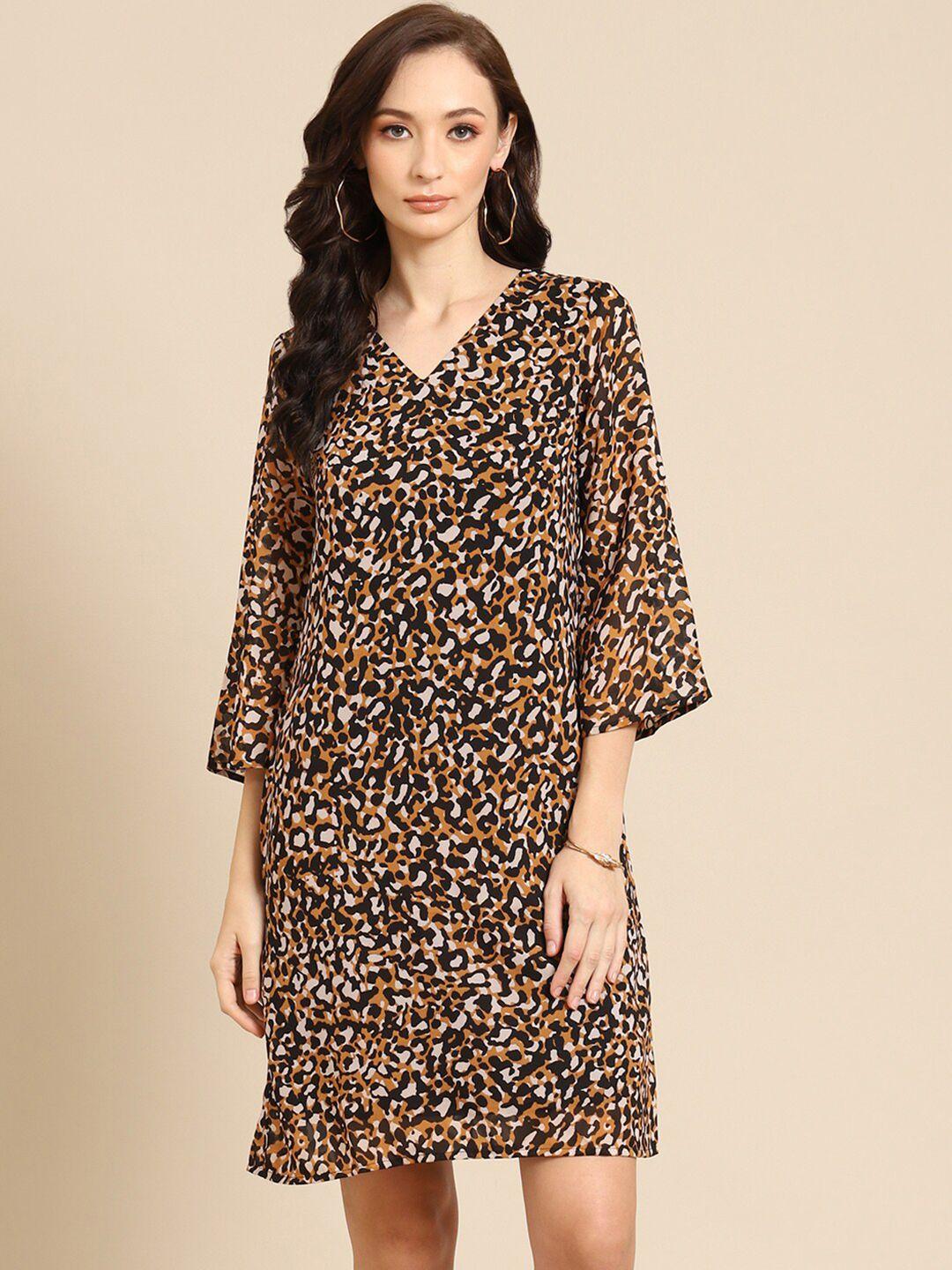 dodo & moa women brown & black animal printed a-line dress