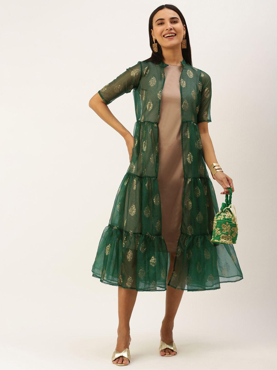 ethnovogue gold-toned & green midi sheath dress with jacket