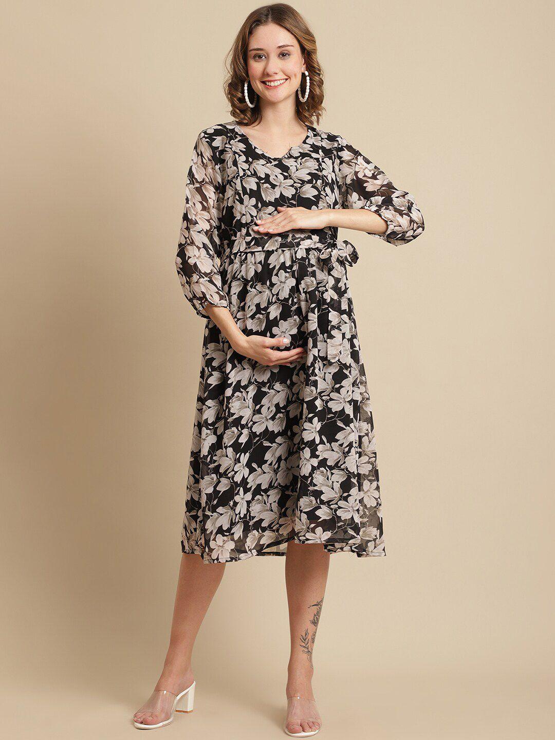 moms maternity women black & grey floral printed maternity fit and flare dress