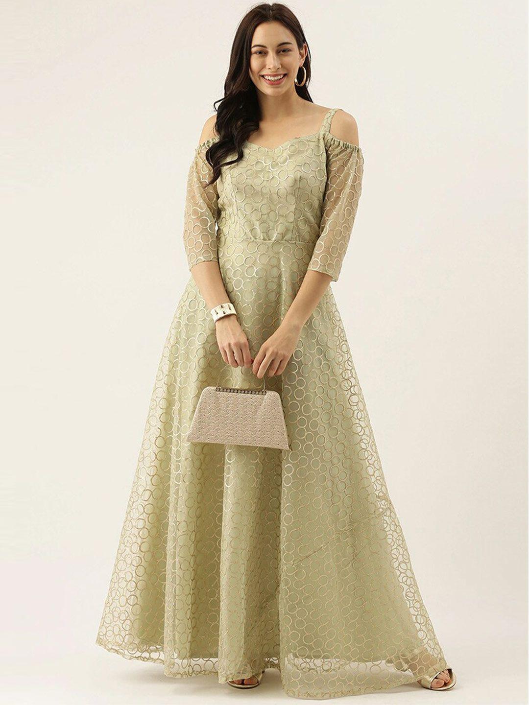 ethnovogue green & gold-toned embroidered net maxi dress