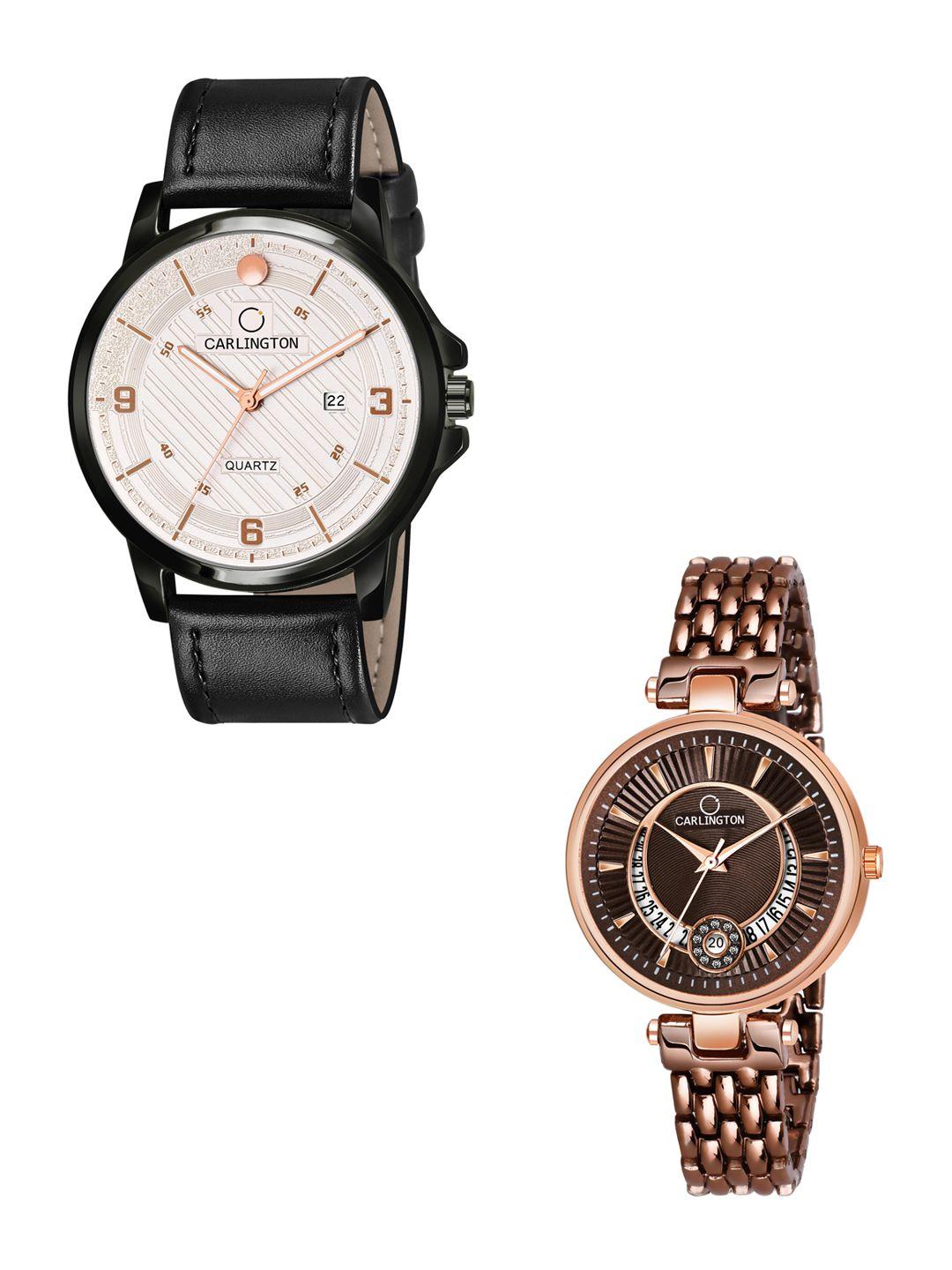 carlington cream-coloured dial & black leather straps analogue couple watches ct1050