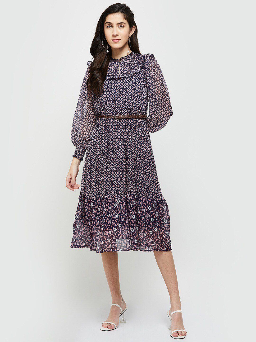 max navy blue & pink floral tie-up neck midi dress