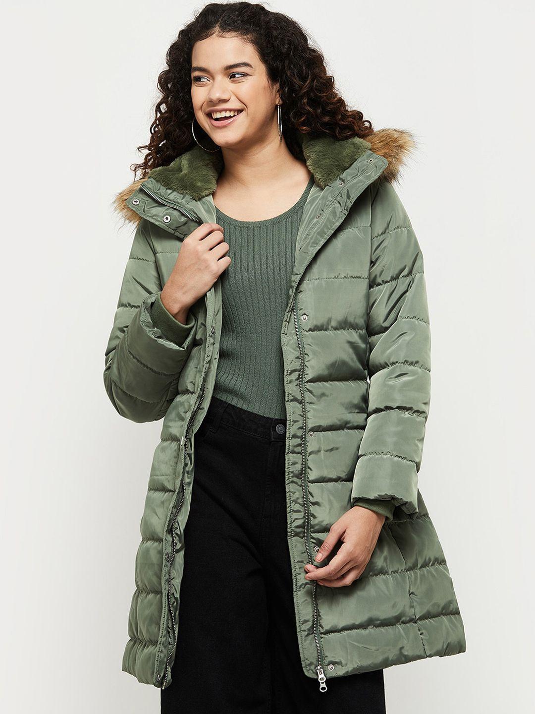 max women green striped longline parka jacket