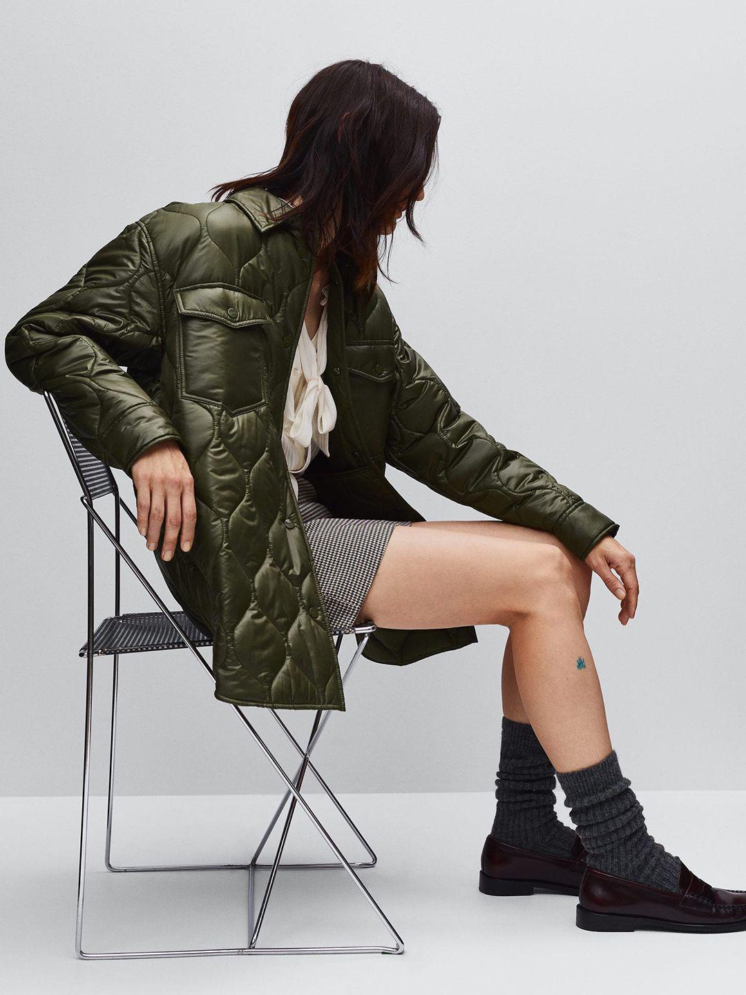 mango women olive green solid longline padded jacket