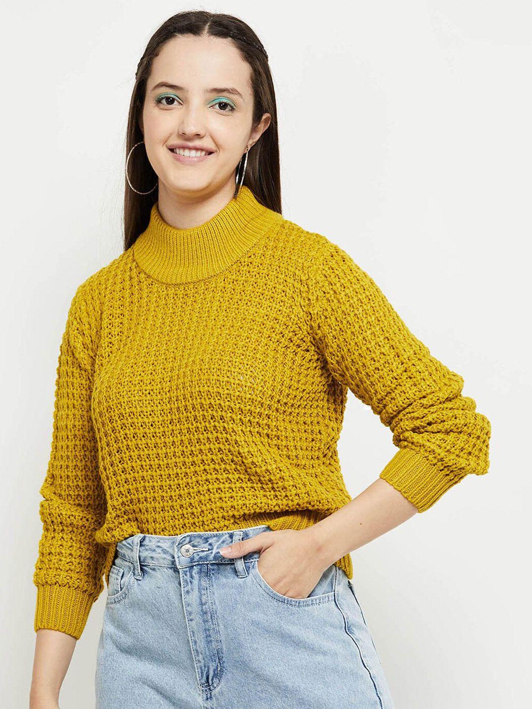 max women yellow cable knit crop pullover