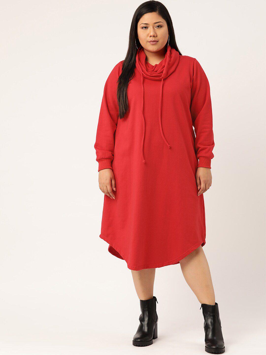 therebelinme cotton red a-line midi plus size dress