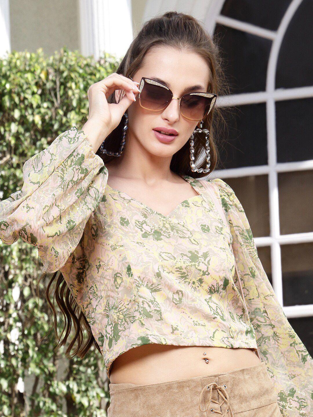 sera green & beige floral print chiffon crop top