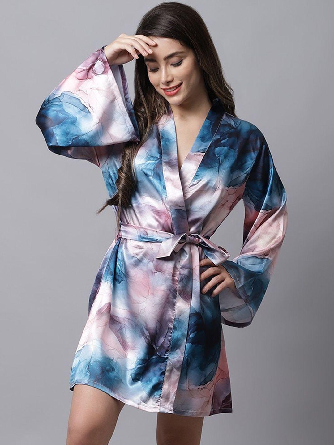 claura women blue & pink printed lounge robe