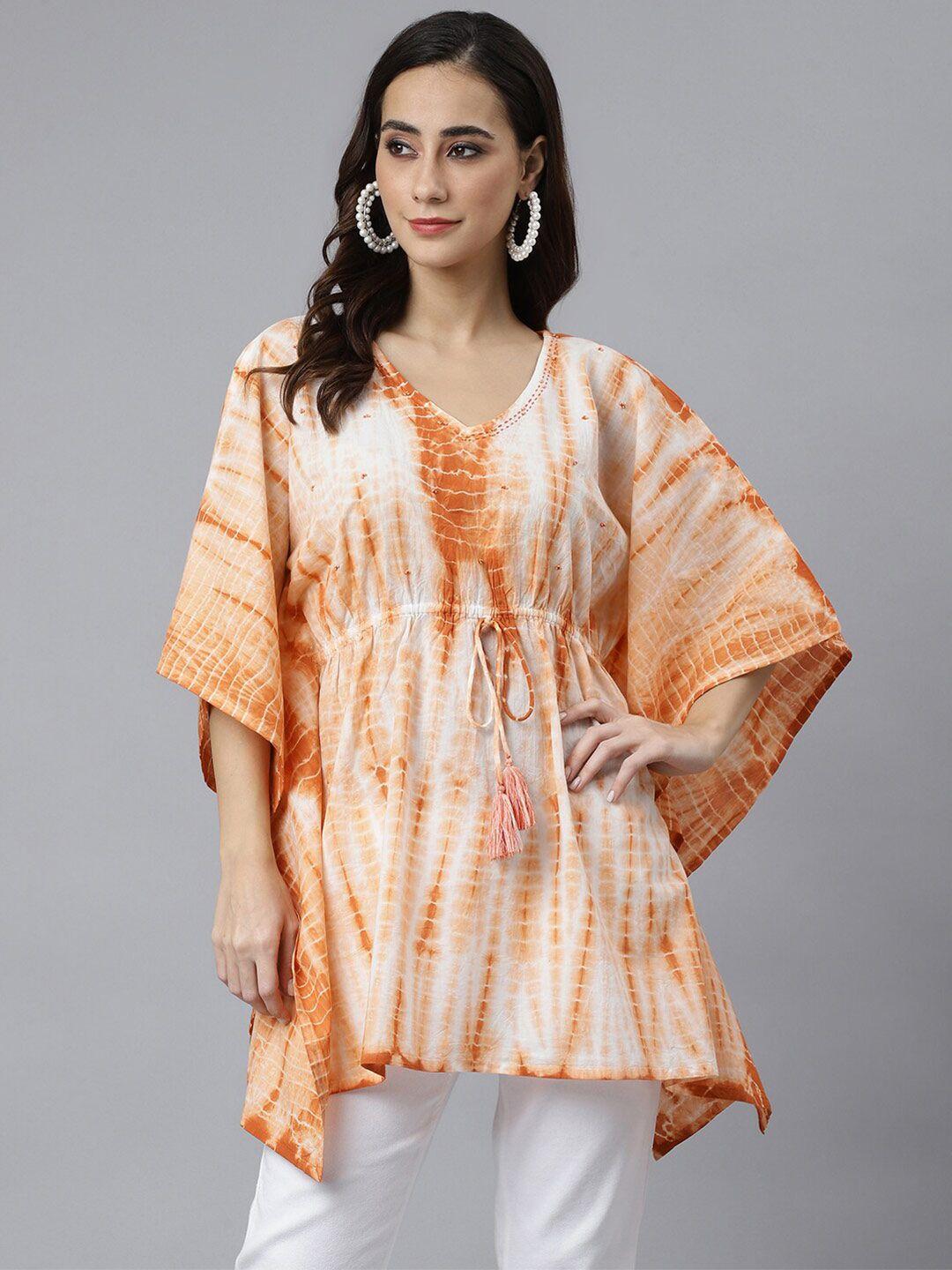 janasya women rust cotton tie dye kaftan tunic