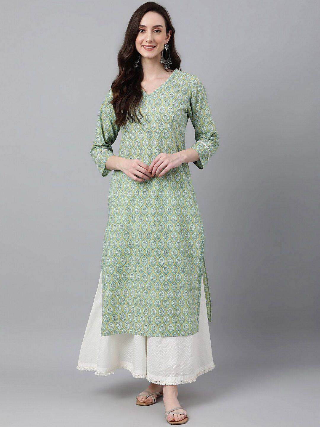 janasya women beige green cotton botanical block print straight kurta