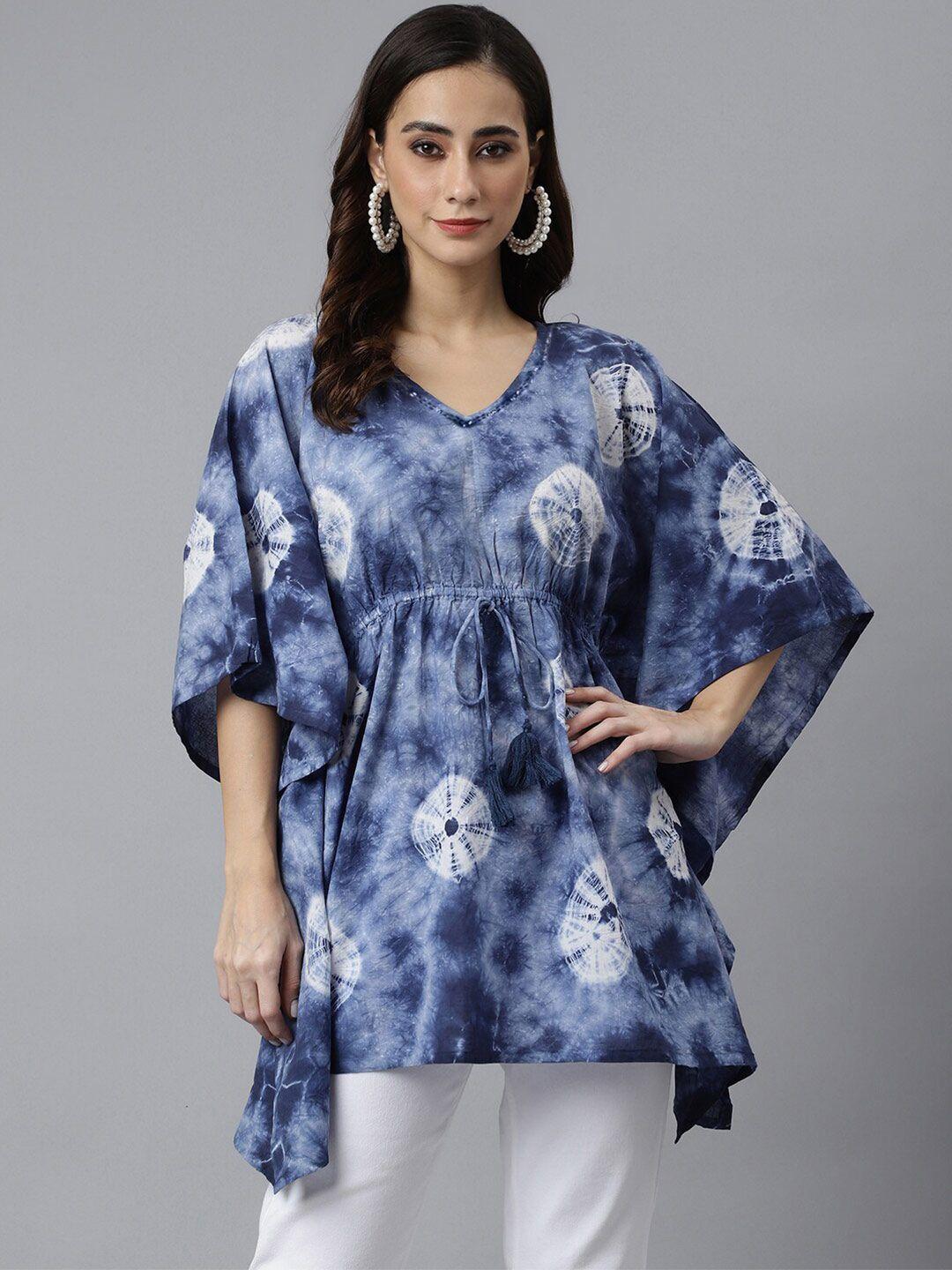 janasya women navy blue cotton tie dye kaftan kaftan tunic