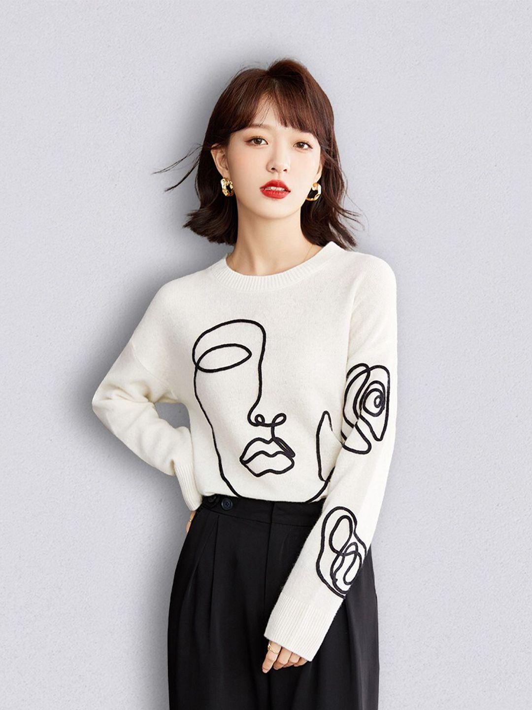 jc collection women white & black printed pullover sweater