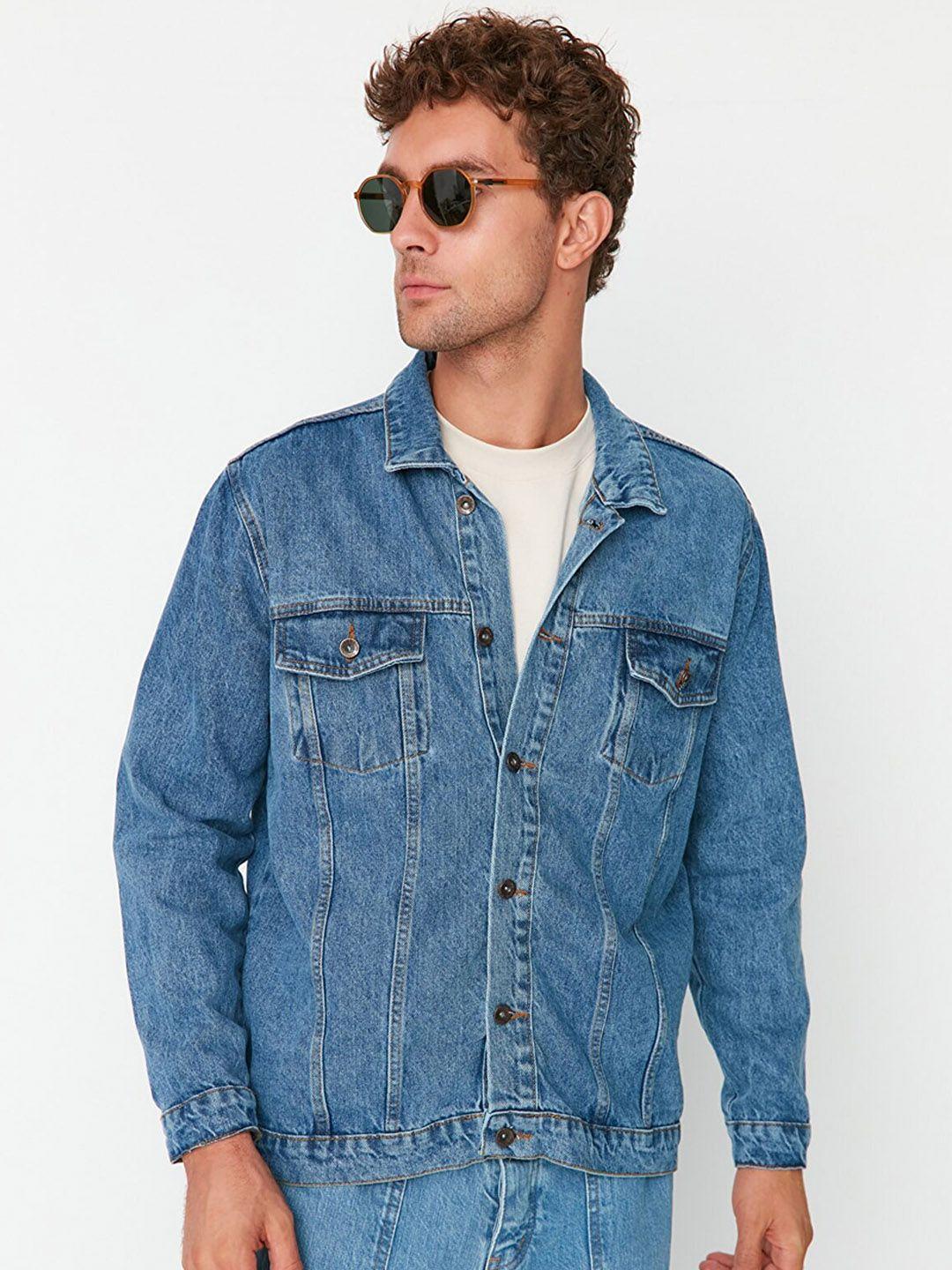 trendyol men blue washed denim pure cotton jacket