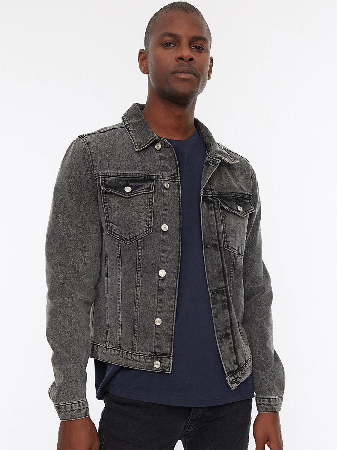 trendyol men grey washed pure cotton denim crop jacket