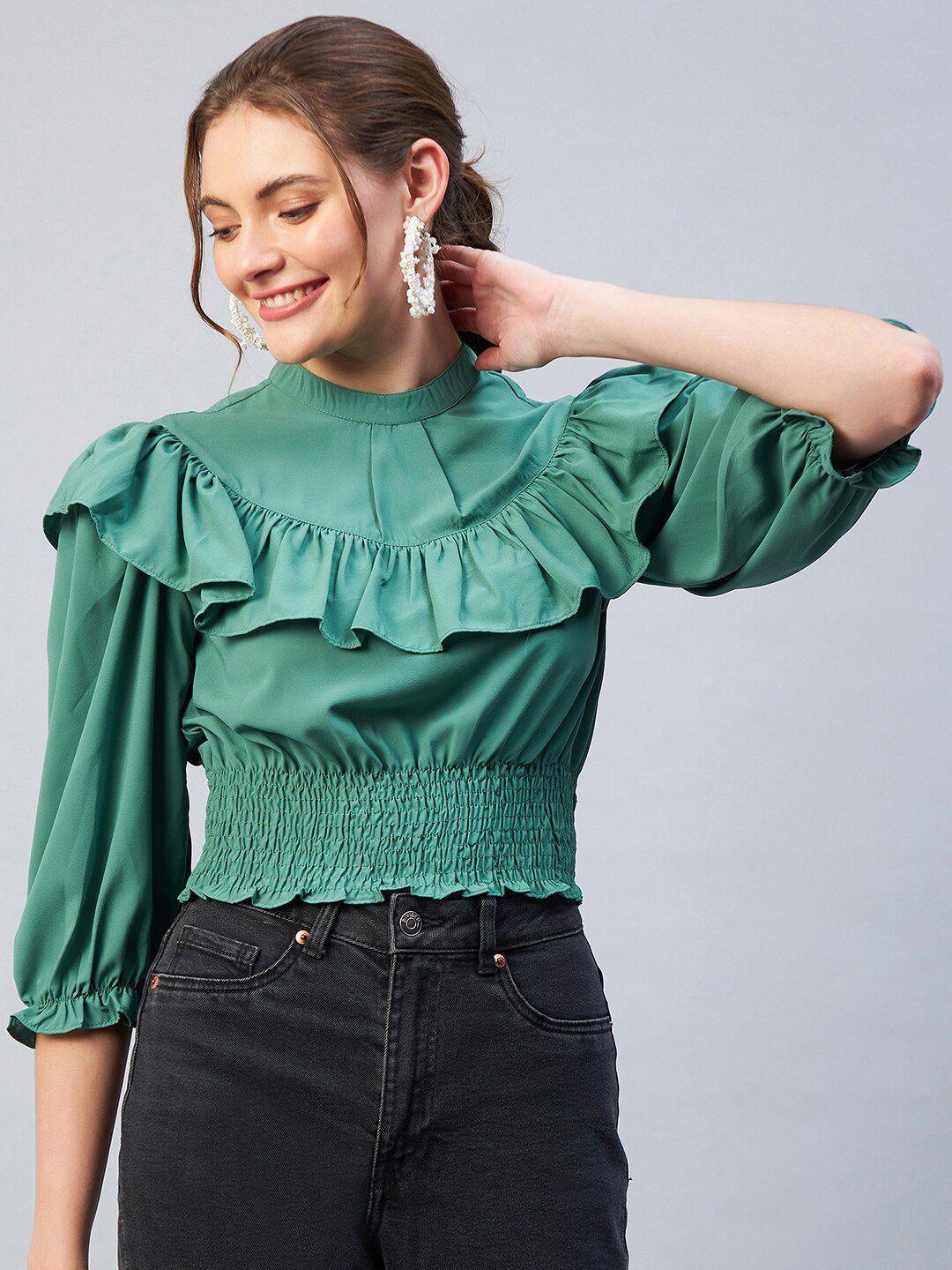 carlton london women green solid polyester blouson crop top