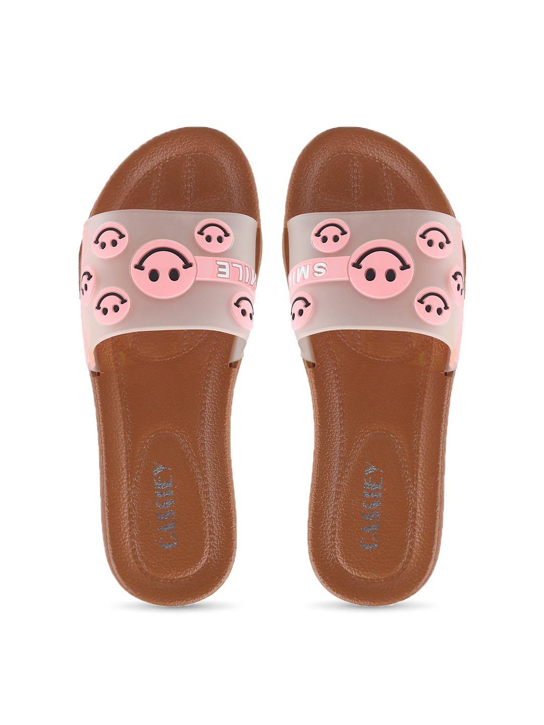 cassiey women brown & pink printed rubber sliders