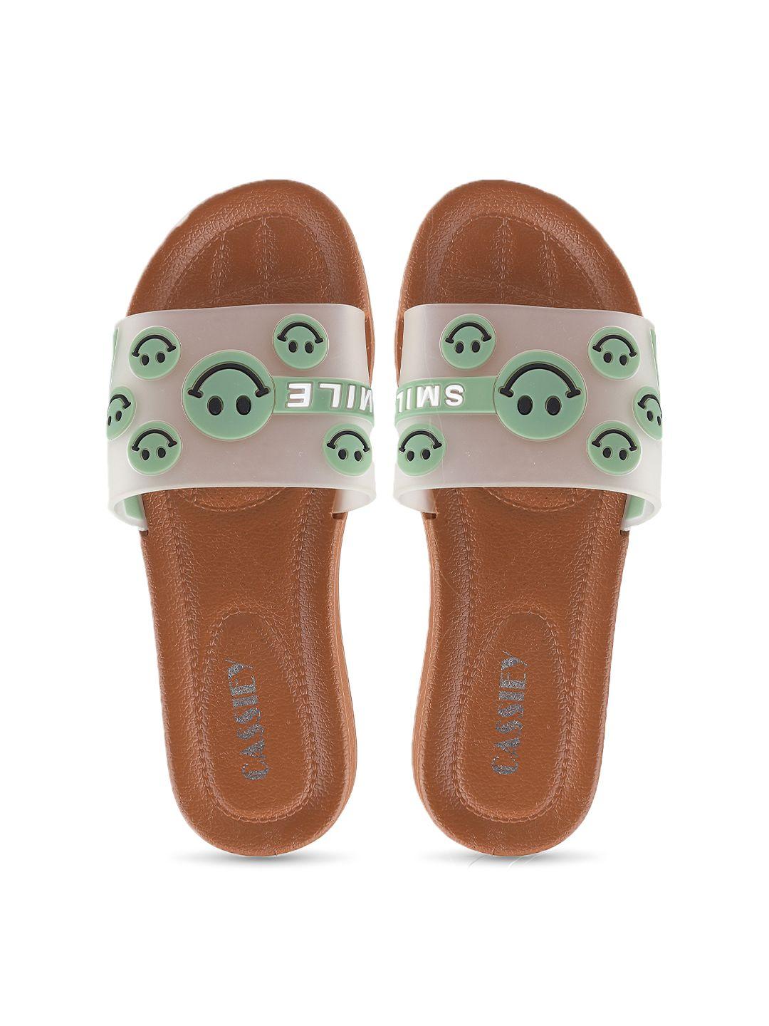 cassiey women brown & green printed rubber sliders