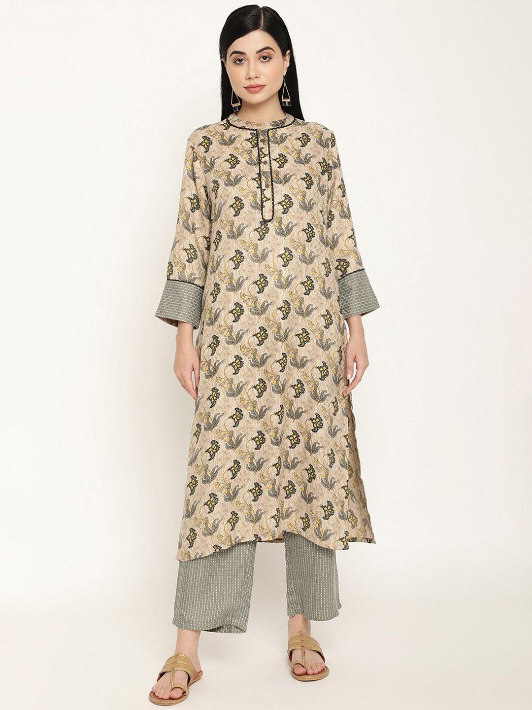 be indi women beige floral printed kurta with palazzos