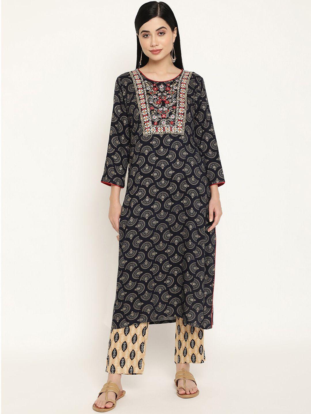 be indi women navy blue ethnic motifs yoke design kurta with trousers