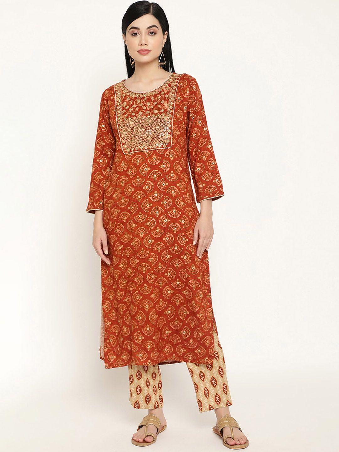 be indi women brown embroidered mirror work kurta with trousers