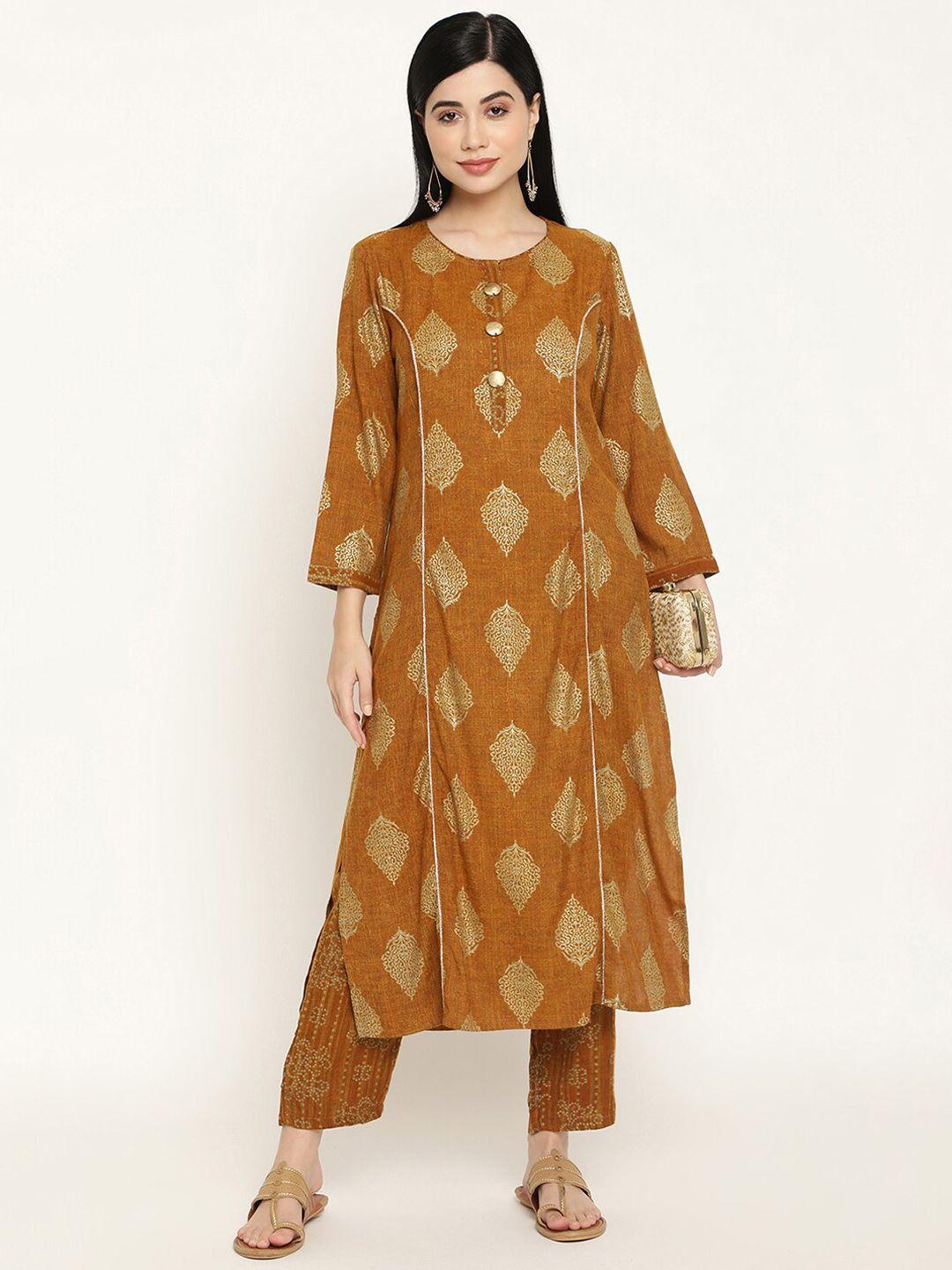 be indi women mustard yellow ethnic motifs printed kurta with trousers